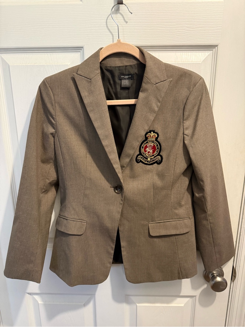 Anne Taylor Khaki Blazer with Embroidered Crest